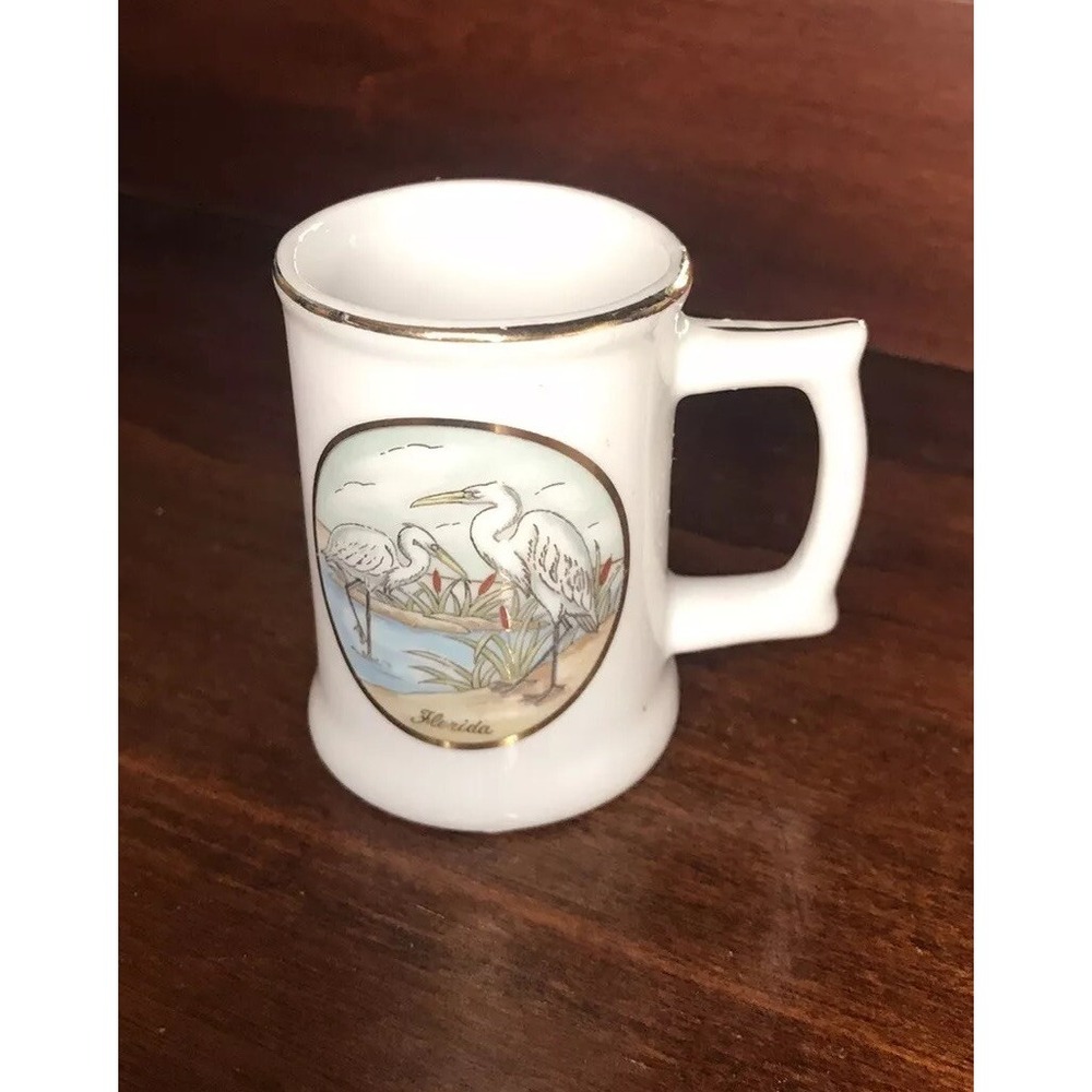 Vintage 1987 Lefton Miniature Stein Cup FLORIDA #08144 Gold Trim Pelican Beach